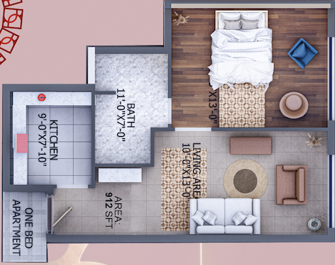 1-Bedroom Apartment – 912 Sq. Ft.